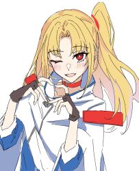  1girl azur_lane black_gloves blonde_hair blue_jacket blush bu4321 choker cleveland_(azur_lane) cloak fingerless_gloves four-finger_heart_hands gloves heart heart_hands highres jacket long_hair looking_at_viewer one_eye_closed one_side_up open_mouth red_choker red_eyes simple_background solo upper_body white_background white_cloak 