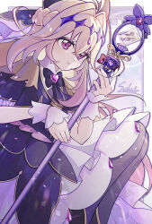  1girl antenna_hair black_bow black_dress black_necktie blonde_hair bow braid brooch bug butterfly closed_mouth commentary_request cure_arcana_shadow dress earrings gradient_hair hair_between_eyes hair_intakes hair_ornament half_up_braid heart heart_brooch highres holding holding_rod jewelry long_hair looking_at_viewer magical_girl meitantei_precure! moria_luluka multicolored_hair necktie pink_eyes pink_hair precure purple_butterfly purple_nails purple_veil rod saikido_(hitaren) solo tear_arcana_rod upper_body veil wand 