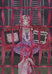  2girls alternate_costume armchair black_shoes blonde_hair blush buttons chair commentary_request frilled_pillow frilled_skirt frills hat hat_ribbon highres long_hair long_sleeves maribel_hearn mob_cap multiple_girls open_mouth own_hands_together pillow pink_ribbon puffy_long_sleeves puffy_sleeves purple_skirt red_nails red_ribbon ribbon shirt shoes sitting skirt socks textless_cover_page touhou tugumi0w0 variant_set violet_eyes white_hat white_shirt white_socks 