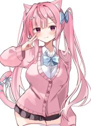  1girl ahoge animal_ears black_skirt blue_bow blue_bowtie blue_ribbon blush bow bowtie breasts cardigan cat_ears cat_girl cat_hair_ornament cat_tail closed_mouth commentary_request hair_bow hair_intakes hair_ornament hairclip highres indie_virtual_youtuber large_breasts long_hair long_sleeves looking_at_viewer nana_77_6 pink_cardigan pink_eyes pink_hair pink_tail ribbon school_uniform shirt simple_background skirt smile solo star_(symbol) star_hair_ornament tail tail_ornament tail_ribbon thigh-highs thighs tongue tongue_out twintails v virtual_youtuber white_background white_shirt white_thighhighs yuuki_sakuna 
