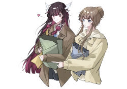  2girls baeksansan bag coat columbina_(genshin_impact) commentary_request genshin_impact head_wings highres holding holding_bag looking_at_viewer multiple_girls paper_bag sandrone_(genshin_impact) white_background white_wings wings yuri 