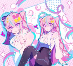  1girl absurdres antenna_hair black_skirt black_thighhighs bow evuu frilled_shirt frills hair_between_eyes hair_bow heart high-waist_skirt highres looking_at_viewer original pink_bow pink_hair purple_nails shirt skirt smile sparkle thigh-highs twintails v violet_eyes white_shirt yellow_bow 