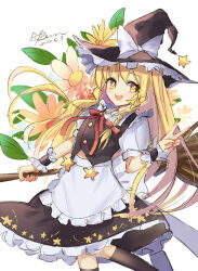  1girl :d apron black_hat black_skirt black_socks black_vest black_wrist_cuffs blonde_hair bow braid broom commentary_request dated flower flower_request frilled_cuffs frilled_hat frilled_skirt frills hat hat_bow hat_ornament holding holding_broom kevn kirisame_marisa long_hair open_mouth puffy_short_sleeves puffy_sleeves shirt short_sleeves signature single_braid skirt smile socks solo star_(symbol) star_hat_ornament star_ornament star_print teeth touhou upper_teeth_only v vest waist_apron white_apron white_background white_bow white_shirt witch_hat wrist_cuffs yellow_eyes 