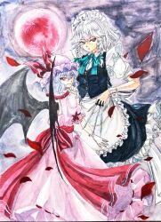  2girls absurdres apron back_bow back_cutout bat_wings between_fingers blue_eyes blue_hair blue_skirt blue_vest bow braid clothing_cutout commentary_request frilled_skirt frills full_moon gloves green_bow grey_hair grin hair_bow hat highres holding holding_knife izayoi_sakuya knife knives_between_fingers long_hair looking_at_viewer maid maid_headdress medium_hair mitsu~ mob_cap moon multiple_girls pink_hat pink_shirt pink_skirt puffy_short_sleeves puffy_sleeves red_bow red_eyes red_moon remilia_scarlet shirt short_sleeves skirt skirt_set smile touhou traditional_media twin_braids vest waist_apron white_apron white_bow white_gloves wings wrist_cuffs 