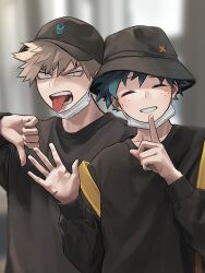  2boys ^_^ aqua_hair bad_id bad_pixiv_id bakugou_katsuki baseball_cap behind_another black_eyes black_hat black_shirt blonde_hair blurry blurry_background boku_no_hero_academia bucket_hat character_logo closed_eyes commentary constricted_pupils cut_(nifuhami_35) depth_of_field eyebrows_hidden_by_hair facing_viewer finger_to_mouth furrowed_brow grin hair_between_eyes hand_up hands_up hat head_tilt index_finger_raised long_sleeves looking_at_viewer male_focus mask midoriya_izuku mouth_mask mouth_mask_under_chin multiple_boys multiple_scars open_hand open_mouth outstretched_hand puffy_long_sleeves puffy_sleeves scar scar_on_hand shirt short_hair shoulder_strap shushing smile spiky_hair thumbs_down tongue tongue_out tsurime uneven_eyes upper_body white_mask x_(symbol) 