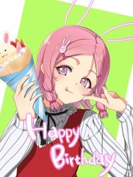  1girl braid closed_mouth commentary_request cream cream_on_face crepe dress food food_on_face fruit hair_ornament happy_birthday highres holding holding_crepe holding_food kabe_ni_hijiki karabayashi_itoha licking_lips looking_at_viewer mole mole_under_eye pinafore_dress pink_eyes pink_hair rabbit_hair_ornament shine_post short_braid side_braids sleeveless sleeveless_dress solo strawberry tongue tongue_out upper_body 