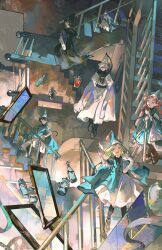  2boys 4girls absurdres agott_arklaum_(tongari_boushi_no_atelier) aqua_cloak aqua_hat beard black_cloak black_hair black_hat blonde_hair blue_eyes blue_hair brown_hair brushbuddy cloak closed_mouth coco_(tongari_boushi_no_atelier) commentary conical_hat english_commentary facial_hair green_eyes hat hat_tassel highres leggings long_hair long_sleeves multiple_boys multiple_girls olruggio_(tongari_boushi_no_atelier) on_stairs open_mouth picture_frame pince-nez pink_hair potion qifrey's_atelier_apprentice_uniform qifrey_(tongari_boushi_no_atelier) railing richeh_(tongari_boushi_no_atelier) saturn_(saturn_illus) short_hair sitting smile standing teacher_and_student tetia_(tongari_boushi_no_atelier) tongari_boushi_no_atelier violet_eyes white_hair white_hat wizard wizard_hat 