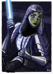  1girl alien alternate_costume armor arvala_7 barriss_offee blue_eyes blue_lightsaber breastplate chainmail colored_skin energy_sword facial_mark gauntlets green_skin highres holding holding_sword holding_weapon lightsaber looking_to_the_side mirialan pauldrons shoulder_armor solo star_wars sword upper_body weapon 