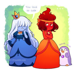  2girls adventure_time alternate_costume alternate_hairstyle amethyst_(steven_universe) aristocratic_clothes blue_skin chest_jewel colored_skin cosplay crossed_arms crown dav-19 dress flame_princess flame_princess_(cosplay) frown gem gem_(steven_universe) gunter_(adventure_time) gunter_(adventure_time)_(cosplay) ice_queen_(adventure_time) ice_queen_(adventure_time)_(cosplay) multiple_girls power_connection red_skin ruby_(steven_universe) sapphire_(steven_universe) speech_bubble steven_universe 