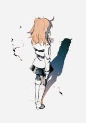 1girl ahoge arm_at_side artist_name backlighting boots command_spell fate/grand_order fate_(series) from_behind fujimaru_ritsuka_(female) full_body high_heel_boots high_heels highres medium_hair miniskirt outstretched_arm pantyhose shadow skirt solo tachikaba twitter_username white_boots 