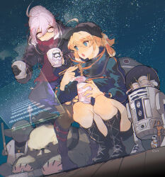  2girls ahoge artoria_pendragon_(fate) baseball_cap bb-8 belt belt_boots belt_buckle black-framed_eyewear black_boots black_hat black_jacket black_pantyhose black_shoes blonde_hair blue_eyes blue_jacket blue_scarf blue_skirt boots braid brand_name_imitation buckle bun_with_braided_base c-3po character_doll chopsticks closed_mouth commentary_request crossover cup darth_vader doll eating ewok fate/grand_order fate_(series) food fringe_trim glasses grey_hair hair_between_eyes hair_bun hair_through_headwear hat high_ponytail holding holding_chopsticks holding_cup holding_food instant_cup_noodles instant_noodles jacket knee_boots lace-up_boots long_hair long_sleeves looking_at_another lower_teeth_only mug multiple_girls mysterious_heroine_x_(fate) mysterious_heroine_x_alter_(fate) mysterious_heroine_x_alter_(first_ascension)_(fate) nissin_cup_noodle noodles open_mouth outdoors pantyhose pink_eyes ponytail r2-d2 red_belt red_scarf savemenu scarf shoes single_hair_bun skirt sky smile squatting standing star_(sky) star_wars starry_sky stormtrooper teeth wristband yoda 