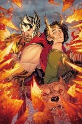  2boys adoptive_siblings armor artist_collaboration back-to-back beard black_gloves black_hair black_nails blonde_facial_hair blue_eyes breastplate brothers can't_choose_your_own_family cape comic_cover commentary cover cover_page dog english_commentary facial_hair fake_horns fingerless_gloves gloves glowing glowing_weapon green_armor green_eyes green_shirt hammer helmet holding holding_hammer holding_weapon horned_headwear horns initial loki_(marvel) looking_at_another looking_to_the_side male_focus marvel matt_wilson mjolnir_(marvel) multiple_boys muscular muscular_male official_art red_cape red_eyes russell_dauterman sharp_teeth shirt short_hair siblings teeth textless_cover_page thor_(marvel) thor_(marvel)_(series) thori_(marvel) unamused weapon western_comics_(style) winged_helmet 