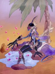  1other arabian_clothes black_skin black_vest blue_skin closed_eyes colored_skin desert full_body furry gem gold_headwear gold_necklace gold_trim gradient_background highres inteleon_(oasis) jewelry necklace open_clothes open_vest other_focus outdoors palm_tree petals pink_gem pink_petals poke_sum818 pokemon pokemon_(creature) pokemon_unite purple_skirt simple_background sitting skirt solo tree vest water wrist_cuffs 