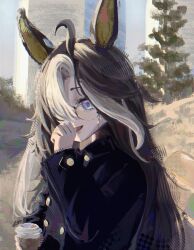  1girl ahoge animal_ears black_jacket blue_eyes brown_hair cattyiun cup disposable_coffee_cup disposable_cup dream_journey_(umamusume) glasses hair_over_one_eye highres holding holding_cup horse_ears horse_girl jacket long_hair multicolored_hair one_eye_covered painterly smile solo streaked_hair tree umamusume upper_body very_long_hair white_streaks 
