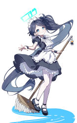  1girl absurdly_long_hair absurdres apron aqua_halo aris_(blue_archive) aris_(maid)_(blue_archive) black_dress black_hair blue_archive blue_eyes chinese_commentary commentary_request dress full_body halo highres holding holding_mop long_hair looking_at_viewer maid maid_apron maid_headdress mop official_alternate_costume rectangular_halo shanqianqian_377 simple_background smile solo very_long_hair white_apron white_background 