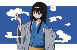  1boy ? black_hair blue_kimono bright_pupils closed_mouth commentary_request dot_nose gintama grey_haori highres japanese_clothes katsura_kotarou kimono long_hair male_focus sidelocks solo somi_o_somi spoken_question_mark standing upper_body white_pupils wide-eyed wide_sleeves 