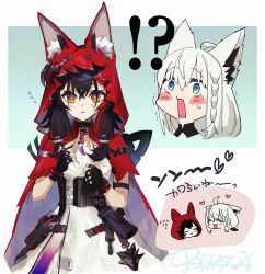  2girls animal_ears arknights arknights:_endfield black_gloves blue_eyes cosplay dress fox_ears fox_girl gloves highres hololive multicolored_eyes multiple_girls multiple_views ookami_mio paishen_(team_tategami) rossi_(arknights) rossi_(arknights)_(cosplay) shirakami_fubuki white_dress wolf_ears wolf_girl 