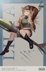  1girl adjusting_eyewear aircraft airplane animal_ear_headwear arm_up aviator_cap black_boots blonde_hair blue_border blue_eyes boots border breasts broom broom_riding brown_hat brown_jacket brown_shorts character_name commentary english_text fighter_jet fragrance_(freakyduck9000) full_body goggles goggles_on_headwear green_shirt grey_background grin hand_on_eyewear hand_up hat highres jacket lilya_(reverse:1999) long_hair looking_at_viewer mask mask_around_neck mechanical_broom medium_breasts midriff military_vehicle navel open_clothes open_jacket oxygen_mask reverse:1999 shirt short_shorts shorts signature smile solo teeth 