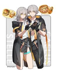  1boy 1girl 625light absurdres black_coat black_gloves black_pants black_skirt border bottle bra_strap burger caelus_(honkai:_star_rail) character_name coat commentary cropped_legs drooling dual_persona food french_fries gloves grey_background grey_hair hair_between_eyes highres holding holding_phone honkai:_star_rail honkai_(series) hungry long_hair looking_at_phone mouth_drool open_clothes open_coat outside_border pants parted_lips phone pizza shirt short_hair simple_background skirt soda_bottle soulglad sparkling_eyes speech_bubble spoken_food stelle_(honkai:_star_rail) thigh_strap trailblazer_(honkai:_star_rail) twitter_username white_border white_shirt yellow_eyes 