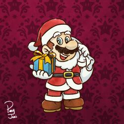  1boy absurdres alternate_costume belt black_belt blue_eyes boots brown_boots brown_hair facial_hair gift gloves hat highres holding holding_gift jacket junithepuny mario mustache open_mouth pants patterned_background purple_background red_hat red_jacket red_pants santa_costume santa_hat short_hair signature solo super_mario_bros. super_star_(mario) teeth upper_teeth_only white_gloves 