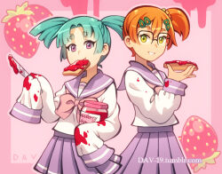  2girls aqua_hair bow bowtie bread bread_slice commentary dav-19 english_commentary fang food food_in_mouth fruit glasses green_eyes grin hair_ornament hairclip heart-shaped_eyebrows holding holding_knife knife liar_liar_(tokimekiwaku) medium_hair minamida_yukari mouth_hold multiple_girls orange_hair pink_bow pink_bowtie purple_sailor_collar purple_skirt sailor_collar school_uniform serafuku shirt short_twintails side_ponytail skirt sleeves_past_fingers sleeves_past_wrists smile sonoda_miho strawberry strawberry_jam toast toast_in_mouth twintails violet_eyes web_address white_shirt yami_kawaii 