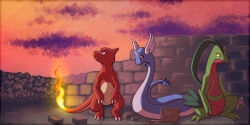  bag bottle brick brick_wall charmeleon chibi-pika claws closed_mouth clouds colored_sclera dragonair dusk fire flame-tipped_tail grovyle holding holding_bottle looking_to_the_side no_humans nostrils outdoors pokemon pokemon_(creature) pokemon_mystery_dungeon purple_sky sitting sky tail yellow_sclera 