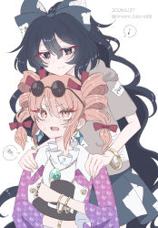 2girls amami_idora88 black_bow black_eyes black_hair black_hat black_skirt blush bow bracelet closed_mouth coat commentary dated debt drill_hair earrings grey_shirt hair_bow hat highres hood hoodie jewelry long_hair long_sleeves looking_at_another multiple_girls musical_note orange_eyes orange_hair pendant purple_coat ring shirt siblings sisters skirt smile spoken_musical_note spoken_squiggle squiggle touhou twin_drills twitter_username very_long_hair yorigami_jo'on yorigami_shion 