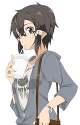 1girl animal_print asada_shino asagi501 bag black-framed_eyewear breasts brown_bag brown_eyes brown_hair cat_print collarbone commentary_request cup disposable_cup double-parted_bangs drinking drinking_straw drinking_straw_in_mouth glasses grey_jacket hair_between_eyes hair_ribbon hand_up handbag highres holding holding_cup hood hood_down hooded_jacket jacket looking_at_viewer medium_breasts medium_hair messy_hair partially_open_jacket ribbon rimless_eyewear round_eyewear shirt sidelocks simple_background solo sword_art_online three-quarter_sleeves white_background white_ribbon white_shirt 