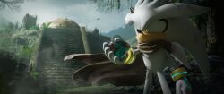  1boy 2204design 3d animal_ears animal_nose blender_(medium) body_fur borrowed_design bracelet brown_cape cape chaos_emerald closed_mouth clouds cloudy_sky commentary day furry furry_male gem gloves gold_bracelet grass green_gem grey_fur grey_sky hand_up hedgehog_boy highres holding holding_gem in-universe_location jewelry leaf male_focus moss outdoors rock ruins silver_the_hedgehog sky solo sonic_(series) stairs standing tree two-tone_fur untranslatable_commentary white_gloves yellow_eyes 