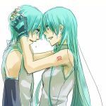  aqua_hair blue couple dual_persona genderswap gloves hatsune_miku hatsune_mikuo long_hair profile tears tolute vocaloid 