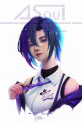  1girl a-soul absurdres blue_eyes blue_hair breasts carol_(a-soul) character_name chinese_commentary commentary_request copyright_name earrings eki_lee highres jewelry long_neck medium_breasts mismatched_earrings multiple_earrings purple_nails red_lips shirt sleeveless sleeveless_shirt solo 