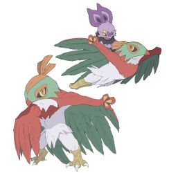  1other avocado_539 bat_(animal) black_fur black_sclera closed_mouth colored_sclera fangs feathers flying full_body furry green_feathers hawlucha highres looking_at_viewer luchador_mask mask multiple_views no_humans noibat open_mouth orange_feathers plume pokemon pokemon_(creature) purple_fur simple_background solo standing talons white_background wing_cape yellow_eyes 