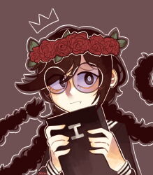  1girl blush book braid bright_pupils brown_background brown_hair closed_mouth danganronpa:_trigger_happy_havoc danganronpa_(series) drawn_crown eyelashes flower fukawa_toko glasses hair_between_eyes head_wreath highres holding holding_book leaf long_hair long_sleeves mole mole_under_mouth outline reakemi red_flower round_eyewear signature simple_background solo twin_braids twintails violet_eyes wavy_mouth white_outline white_pupils 
