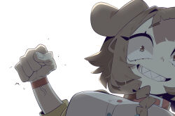  1girl absurdres animal_ears braid brown_eyes brown_hair clenched_hand cocomayo29_(tomato) dog_ears dog_girl dress highres hololive incoming_attack incoming_punch inugami_korone inugami_korone_(1st_costume) punching sharp_teeth simple_background solo teeth virtual_youtuber white_background white_dress 