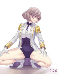 1girl absurdres blue_eyes bob_cut boots breasts brown_hair corset cou_di_di gloves gridman_universe highres jacket looking_at_viewer military_jacket military_uniform mujina necktie purple_corset purple_necktie purple_shorts short_hair shorts simple_background spread_legs squatting ssss.dynazenon tassel thick_thighs thighs underbust white_boots white_gloves white_jacket 