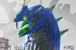  2204design 3d blender_(medium) brain building chaos_(sonic) city colored_sclera colored_tongue destruction gears giant glowing glowing_eyes green_sclera green_tongue highres horns kaiju monster no_humans open_mouth perfect_chaos science_fiction sharp_teeth sonic_(series) sonic_generations spikes teeth water 