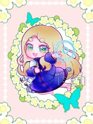  ... 1girl :3 :d action_figure android barefoot blonde_hair blue_butterfly blue_coat bug butterfly capoleco_art chibi coat commentary diana_(pragmata) drawstring english_commentary floral_background full_body green_eyes highres holding_figure hugh_williams long_hair long_sleeves looking_at_viewer open_mouth outstretched_arm padded_coat pragmata puffy_long_sleeves puffy_sleeves smile solo spoken_ellipsis very_long_hair watermark 