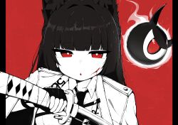  1girl 1other :o animal_ear_fluff animal_ears black_gloves black_hair black_necktie blood blood_on_face commentary_request fox_ears fox_girl gloves highres holding holding_sword holding_weapon hoshimi_miyabi jacket katana long_hair looking_at_viewer necktie red_background red_eyes shirt simple_background sword tagyeokgam tailless_(zenless_zone_zero) weapon white_shirt zenless_zone_zero 