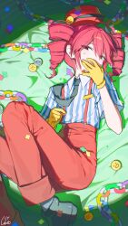  1girl ahoge black_necktie collared_shirt commentary_request drill_hair gloves hair_between_eyes hat highres kasane_teto lying mesmerizer_(vocaloid) necktie ningen_mame on_back pants red_eyes red_hair red_pants shirt shoes short_sleeves socks solo striped_clothes striped_shirt suspenders twin_drills utau vertical-striped_clothes vertical-striped_shirt white_socks yellow_gloves 
