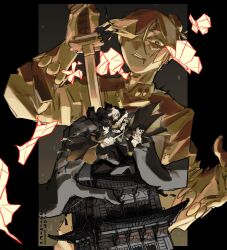  black_background black_jacket bug building butterfly highres hiruhiko_(kagurabachi) jacket kagurabachi katana kenzie_(deflated_frog) male_focus origami rokuhira_chihiro samura_seiichi scar scar_on_face sidelocks sword watermark weapon 