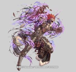  1boy armor black_gloves boots claws commentary_request corruption eye_trail fire_emblem fire_emblem:_three_houses fire_emblem_heroes fur_trim gloves glowing glowing_eyes horns izuka_daisuke light_trail male_focus miklan_anschutz_gautier monsterification official_art open_mouth polearm purple_aura red_hair scales scar scar_on_face simple_background single_horn solo teeth transformation weapon 