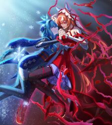  2girls absurdres admire_groove_(glacial_queen)_(umamusume) admire_groove_(umamusume) angry animal_ears black_thighhighs blue_dress blue_hair breasts brown_hair clenched_teeth collarbone commentary_request detached_sleeves dress ear_covers ear_ribbon full_body hair_between_eyes hair_ornament hairband highres holding_hands horse_ears horse_girl horse_tail long_hair medium_breasts multicolored_hair multiple_girls open_mouth pantyhose red_dress red_eyes red_hair ribbon rontuta6 short_hair_with_long_locks simple_background small_breasts smile smirk snowflakes still_in_love_(scarlet_vow_raiment)_(umamusume) still_in_love_(umamusume) streaked_hair tail teeth thigh-highs umamusume veil violet_eyes white_hair white_streaks white_veil 