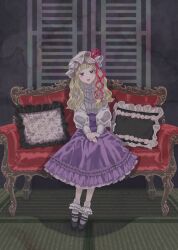  1girl absurdres alternate_costume armchair black_shoes blonde_hair blush buttons chair commentary_request frilled_pillow frilled_skirt frills hat hat_ribbon highres long_hair long_sleeves maribel_hearn mob_cap open_mouth own_hands_together pillow pink_ribbon puffy_long_sleeves puffy_sleeves purple_skirt ribbon shirt shoes sitting skirt socks solo touhou tugumi0w0 variant_set violet_eyes white_hat white_shirt white_socks 