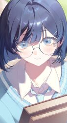  1girl absurdres blue_eyes blue_hair blue_necktie blue_sweater blunt_ends blush book closed_mouth collared_shirt from_above glasses hair_intakes hair_ornament hairclip highres holding holding_book looking_at_viewer mai_(mornmeii) medium_hair necktie original portrait round_eyewear shirt short_hair smile solo sparkling_eyes sweater teardrop-framed_glasses white_shirt 