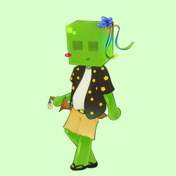  1boy averythemayo bald block_head cargo_pants colored_skin floral_print flower green_skin hawaiian_shirt holding holding_behind_back holding_sword holding_weapon jackifiezarts male_focus monster_boy pants sandals searching_for_a_world_that_doesn't_exist shirt short_hair slime_boy solo sword undershirt weapon white_shirt 