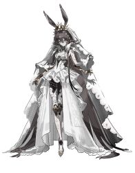  1girl absurdres alternate_costume alternate_hairstyle amiya_(arknights) animal_ears arknights bare_shoulders blue_eyes brown_hair chinese_commentary commentary_request crown disembodied_hand dress expressionless extra_arms full_body gloves golden_arms hair_between_eyes hair_down highres long_hair long_veil looking_at_viewer rabbit_ears rabbit_girl short_dress simple_background solo standing veil venir white_background white_dress white_gloves white_veil 