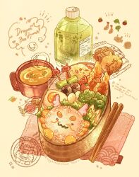  animal-themed_food bento bottle broccoli candy carrot carrot_slice cherry_tomato chopsticks coffee_mug commentary cookie cup english_commentary english_text food food_focus highres lettuce matcha_(food) mug nao_(bestrollever) napkin no_humans original rice shrimp shrimp_tempura simple_background softboiled_egg tempura tomato yellow_background 