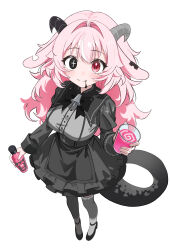  1girl absurdres animal_ears aweqdre bell black_bow black_bowtie black_eyes black_skirt black_thighhighs bottle bow bowtie chinese_commentary closed_mouth commentary_request cross-shaped_pupils cup femme_soule foreshortening from_above goat_ears goat_horns grey_shirt hair_intakes heterochromia high-waist_skirt highres holding holding_bottle holding_cup horns long_hair looking_at_viewer neck_bell pink_hair pukey_goddess_shot_trick red_eyes saliva saliva_trail shirt sidelocks simple_background skirt smile solo symbol-shaped_pupils tail thigh-highs white_background 