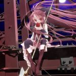  218 apple bare_shoulders boots construction_site detached_sleeves eating floating_hair food fruit full_moon long_hair mahou_shoujo_madoka_magica moon night pink_hair polearm ponytail red_eyes sakura_kyouko sitting solo spear thigh-highs thighhighs weapon 