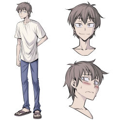  1boy arm_behind_back blue_pants blush brown_eyes brown_hair closed_mouth collarbone commentary david_liu_(peach88) english_commentary full_body highres multiple_expressions original pants peach88 sandals shirt sweat white_background white_shirt 